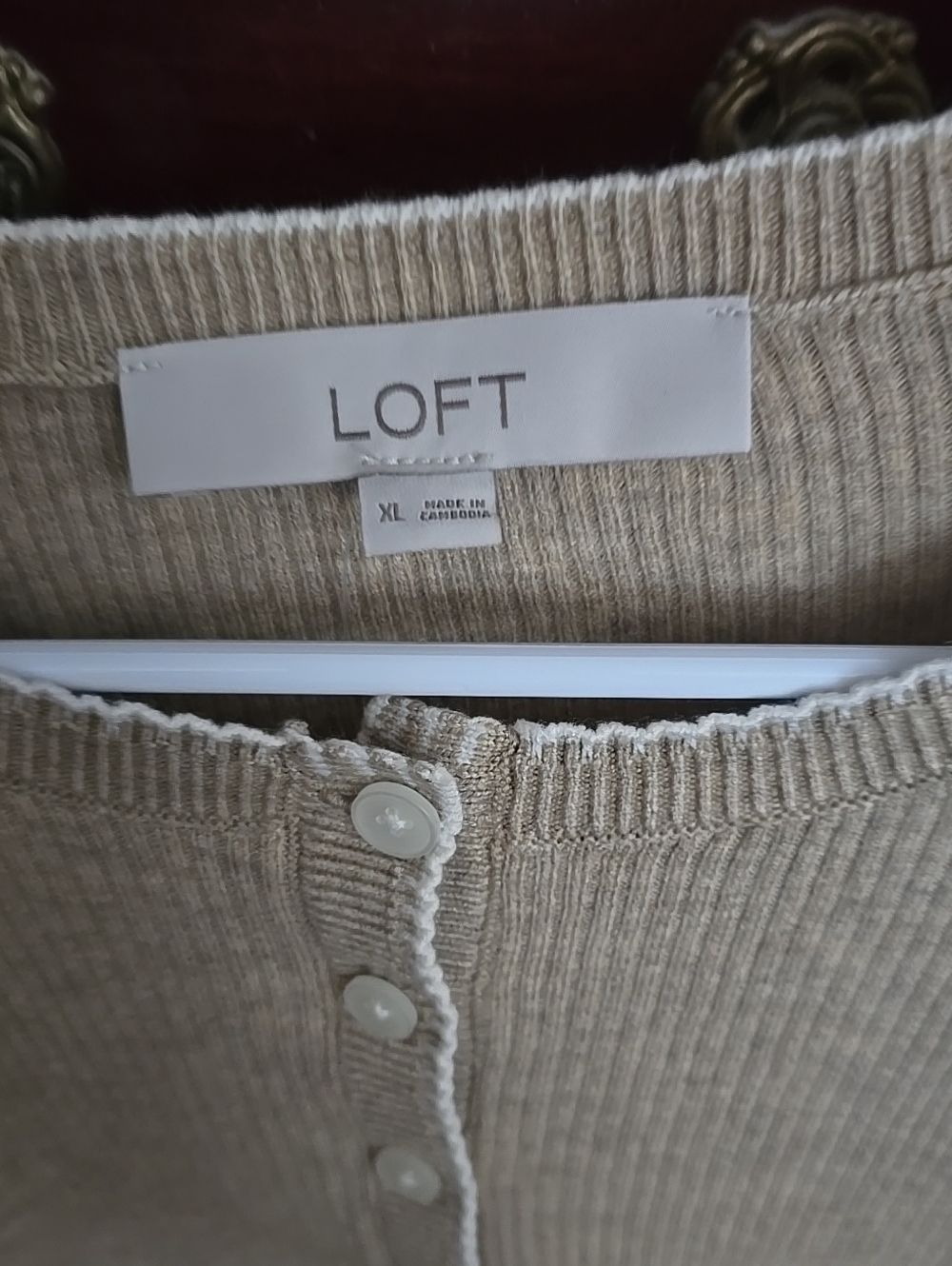 LOFT Beige Ribbed Button-Up Cardigan with Contrast Trim